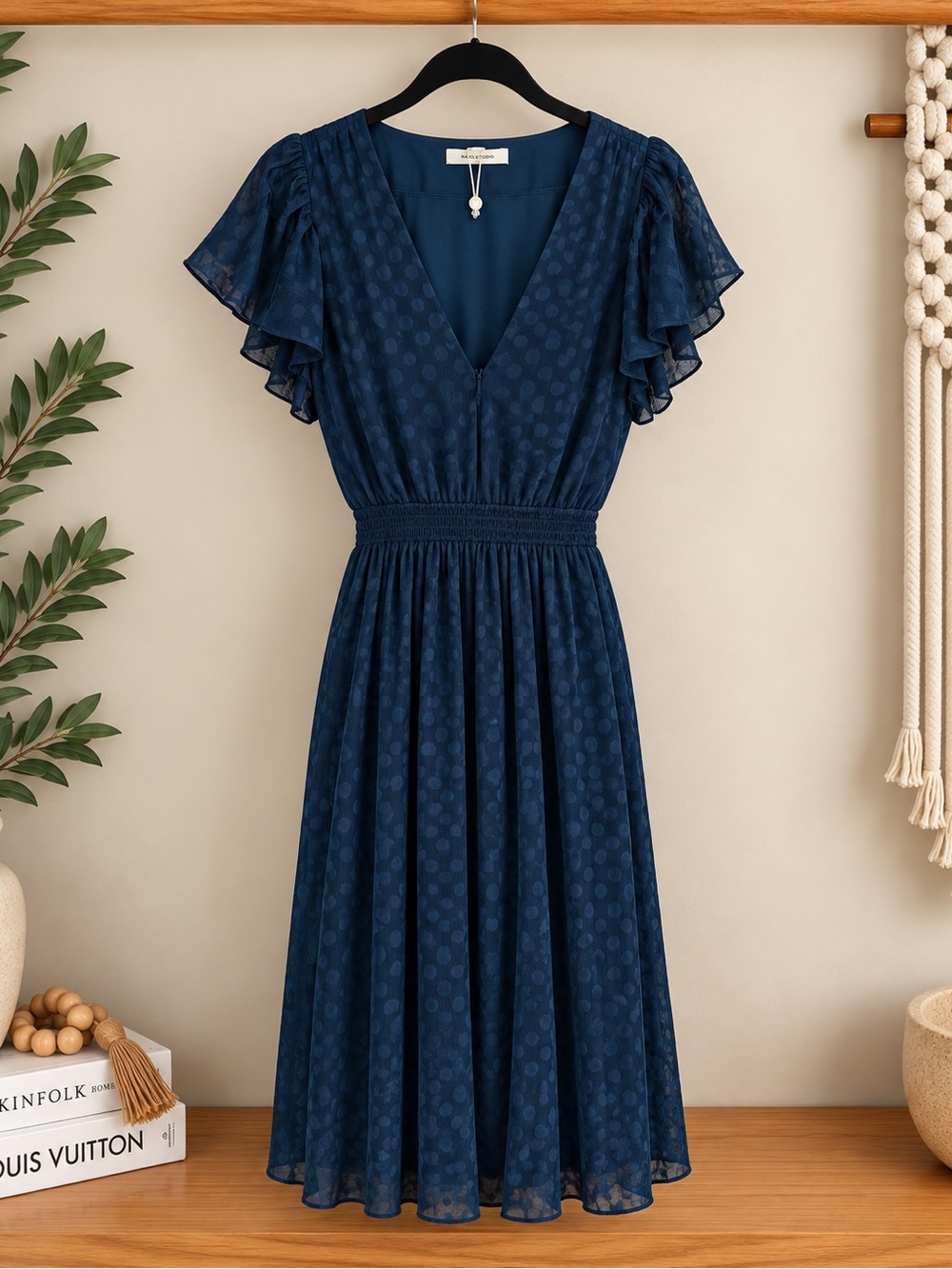 Max Studio Navy V-Neck Midi Dress with Flutter Sleeves